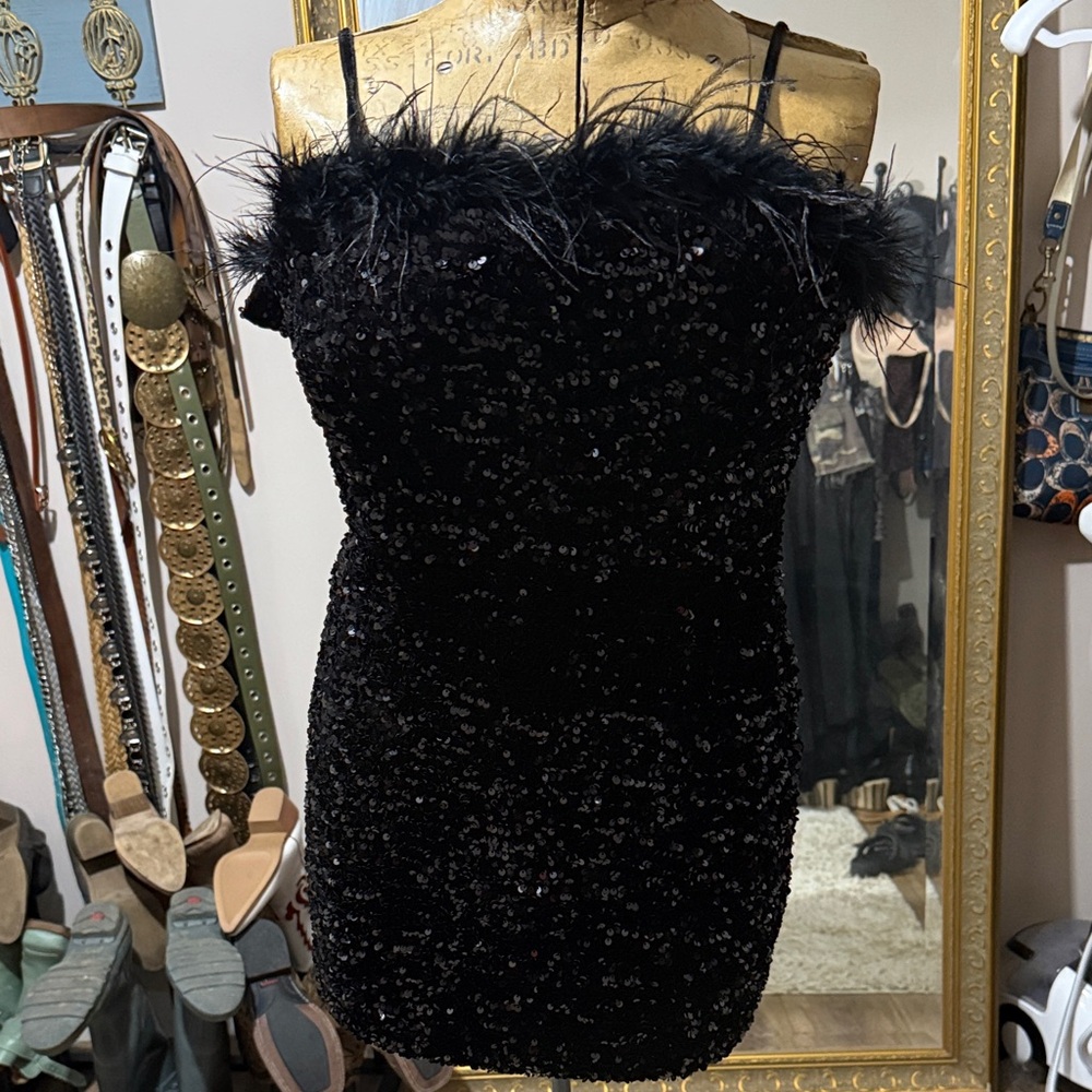 Crystal Doll Black Sequin Mini Dress with Feather Trim
